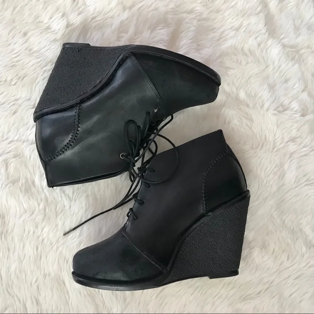 RAG & BONE Black Wedge Leather Bootie Ankle Boot Distressed Odval Desert‎ Size 7